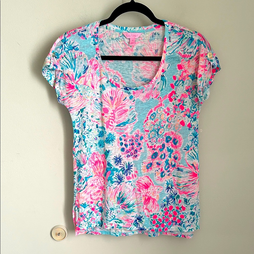Lilly Pulitzer Scoop Neck Short Sleeve Top - Pink & Aqua/ 100% linen